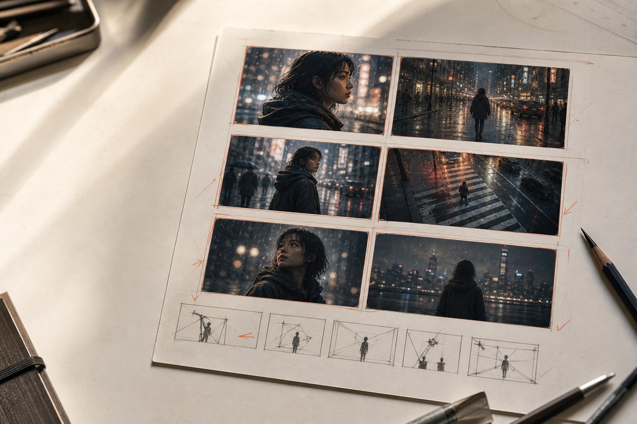 Cinematic storyboard contact sheet showing a rainy city sequence with camera sketches